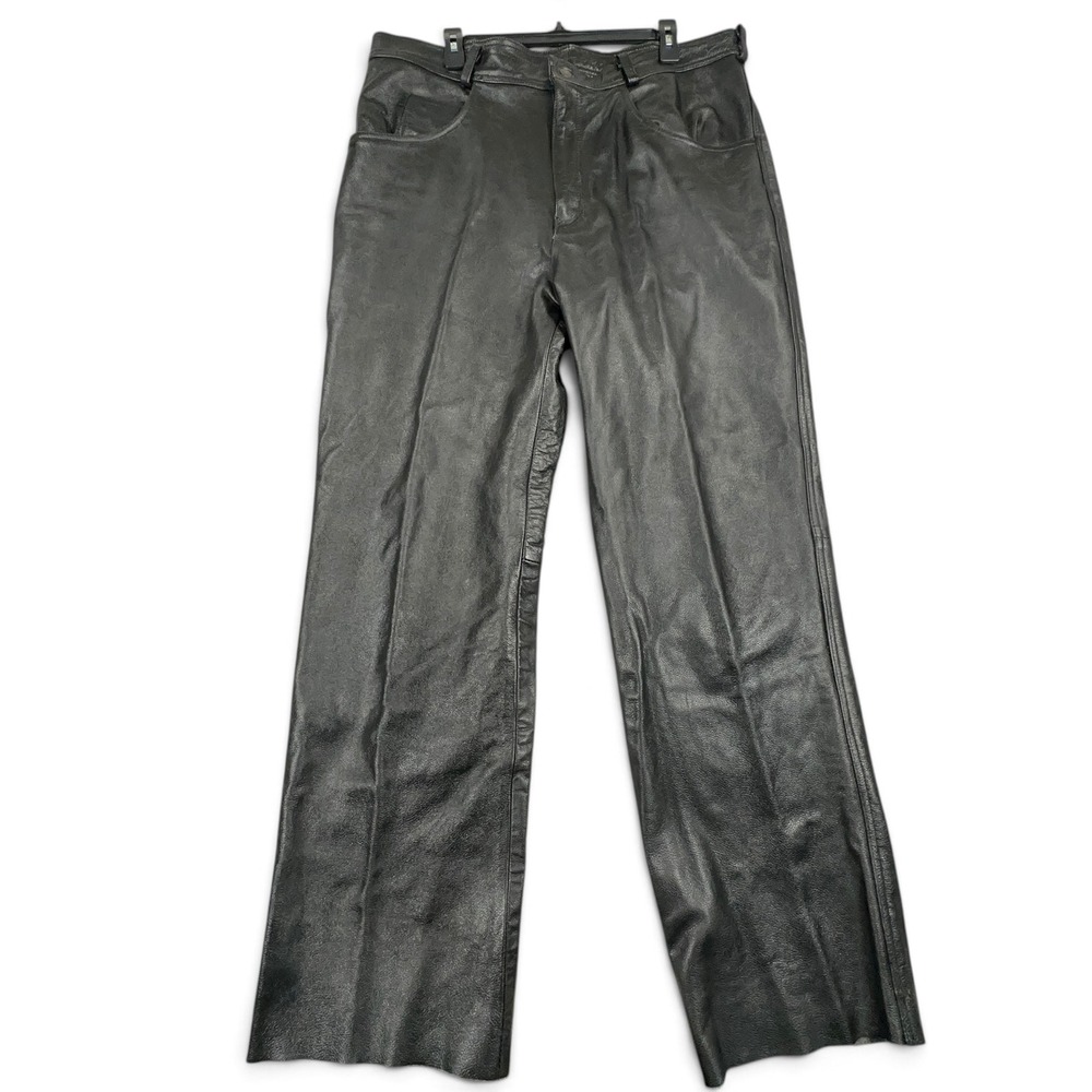Vintage Xelement Real Leather Biker Pants Men 38x32 Black Lined Straight Raw Hem